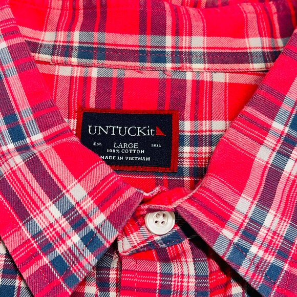 Untuckit Button Down Plaid Red Blue White Lightweight Cotton Shirt Men's Large. - Picture 2 of 8